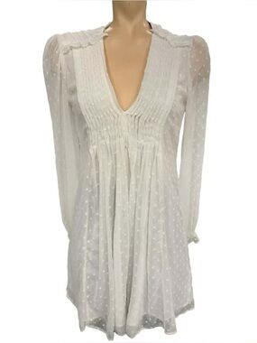 Zara White Swiss Dot V-Neck Pintuck Long Sleeve Tunic Size S